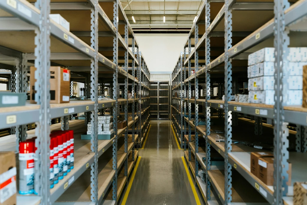 Interior of a high-tech climate-controlled warehouse for industrial cold storage inventory.